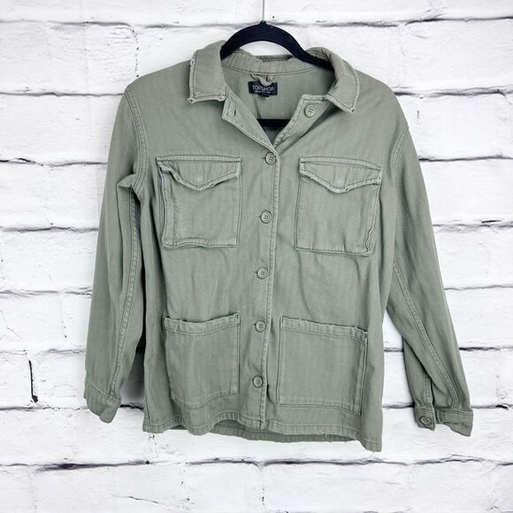 Topshop Utility Jacket Women’s 4 | Army Green Cotton Button Front Shacket - Picture 2 of 6